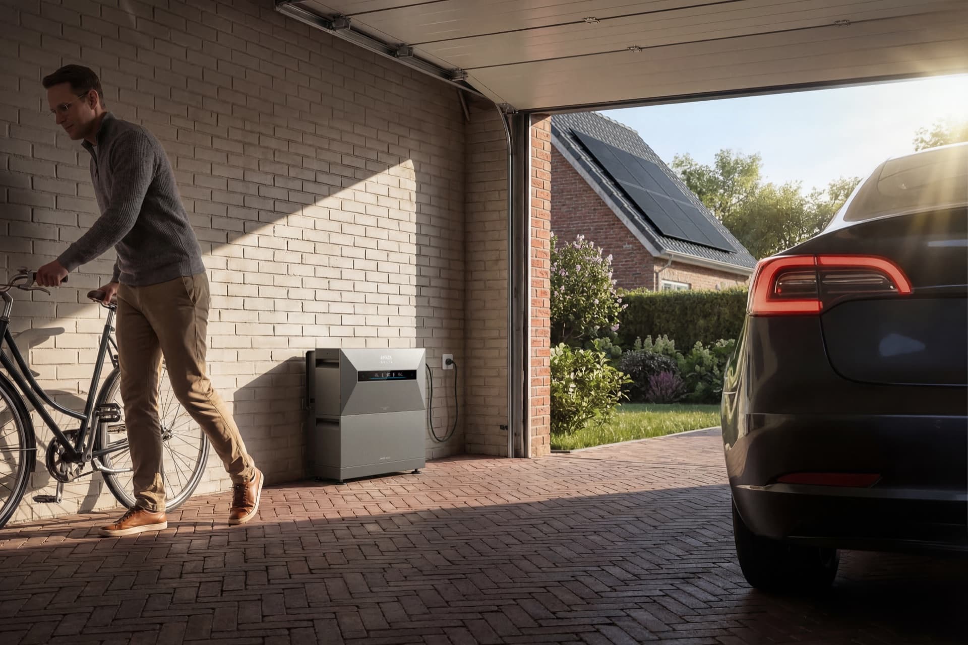 Anker SOLIX Solarbank Max AC tegen de buitengevel van een woning
