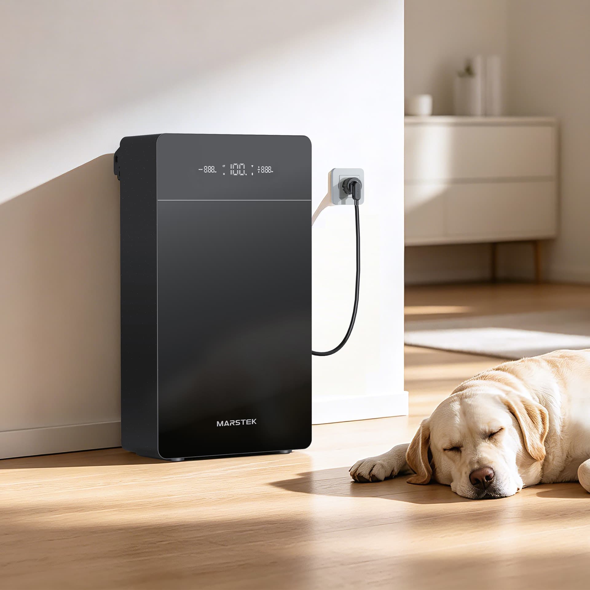 Plug-in thuisbatterij in een Nederlandse woonkamer, met een slapende hond ernaast