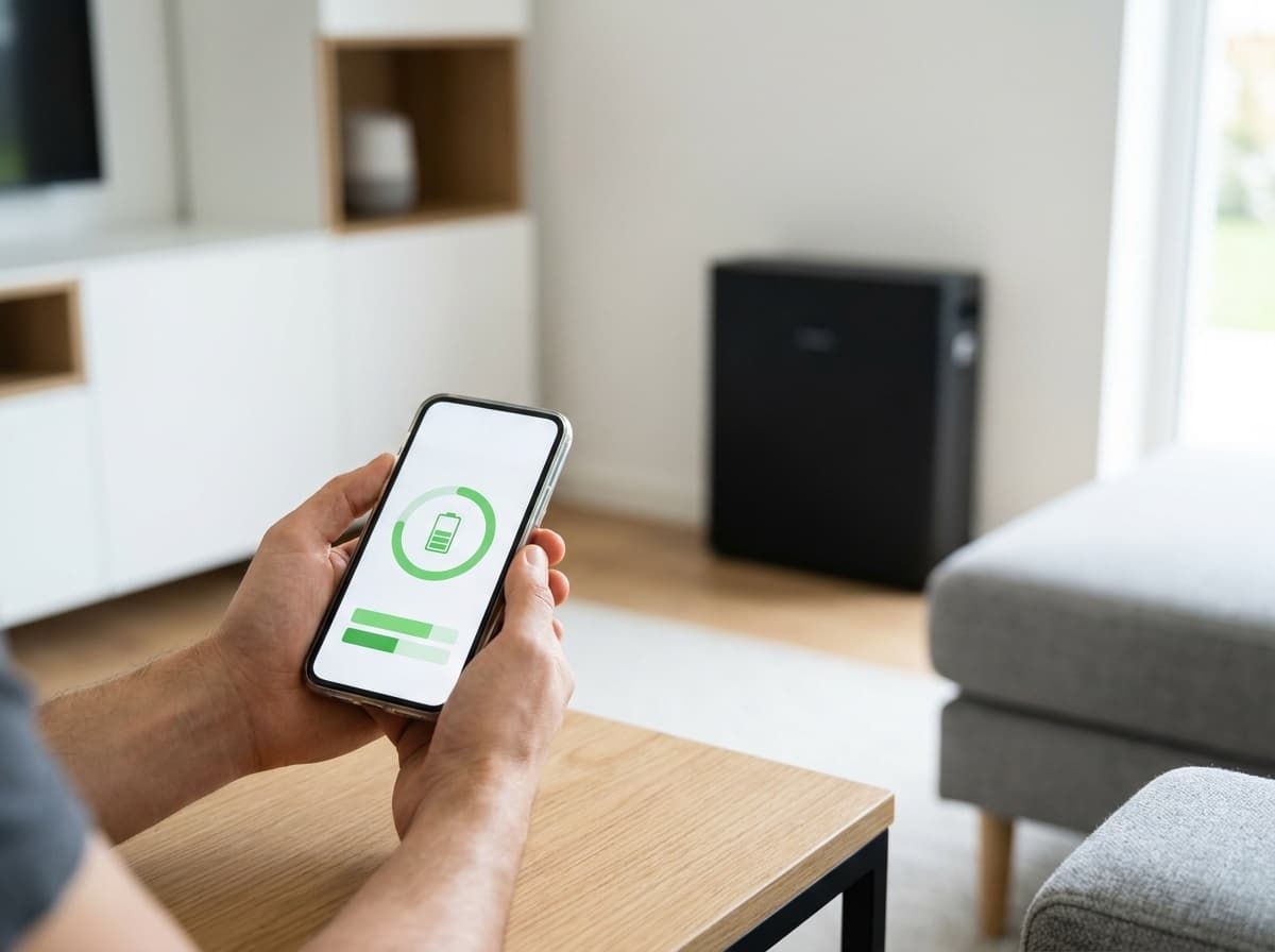 Smartphone met de batterij-app, met de thuisbatterij op de achtergrond