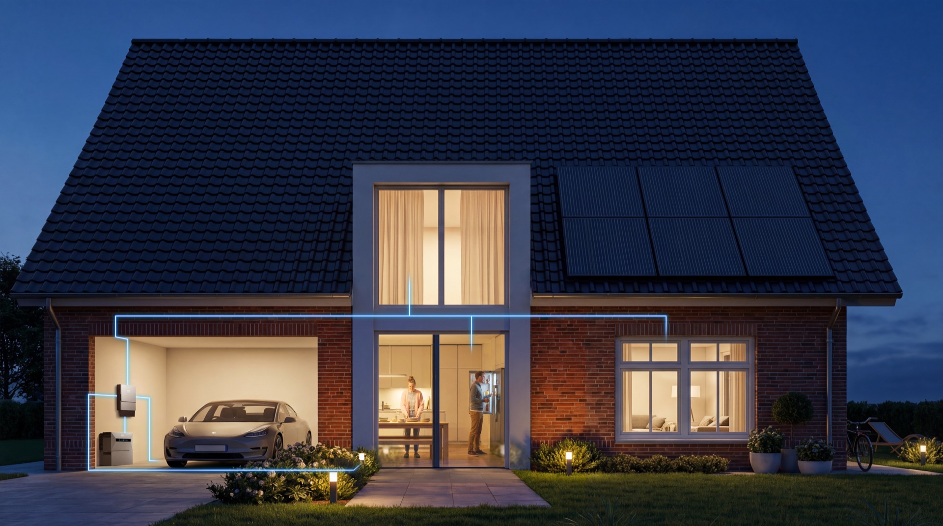 Woning in de avond waarbij de opgeslagen zonnestroom door het huis stroomt